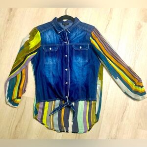 ALBERTO MAKALI NY Denim Fairy Artsy Striped Button Down Women’s Shirt Sz Medium